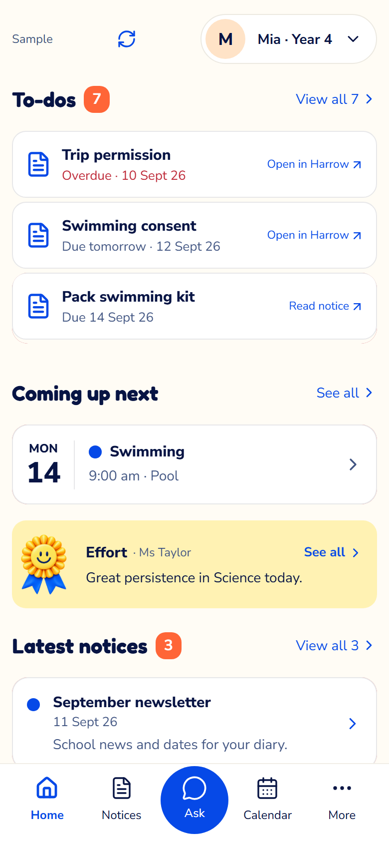 Actual ClassEz Home with fictional Mia’s responses, upcoming swimming and merits. Five navigation tabs: Home, Notices, Ask, Calendar and More.