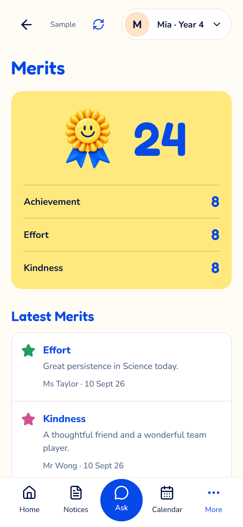 Actual ClassEz Merits screen showing 24 fictional merits and category counts, with all five navigation tabs and the central Ask button.