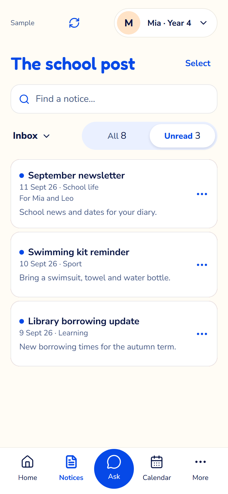 Actual ClassEz Notices screen showing fictional school communications and the five-tab navigation, including the central Ask button.