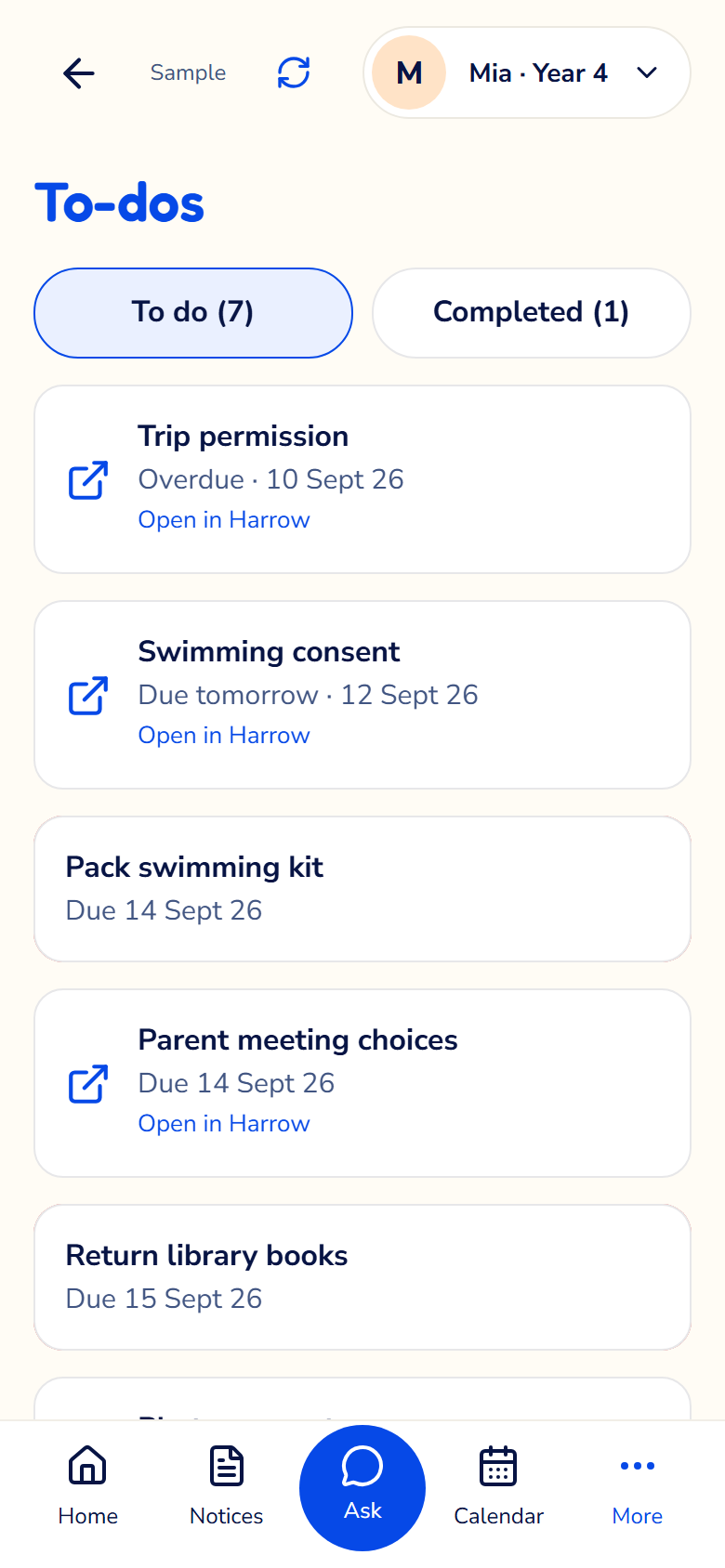 Actual ClassEz To-dos screen showing fictional swimming kit and library book tasks, with the central Ask button in its five-tab navigation.